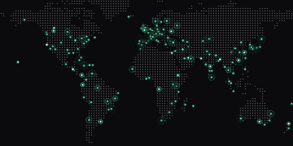 Animated world map with signals pulsing on in cities across every continent